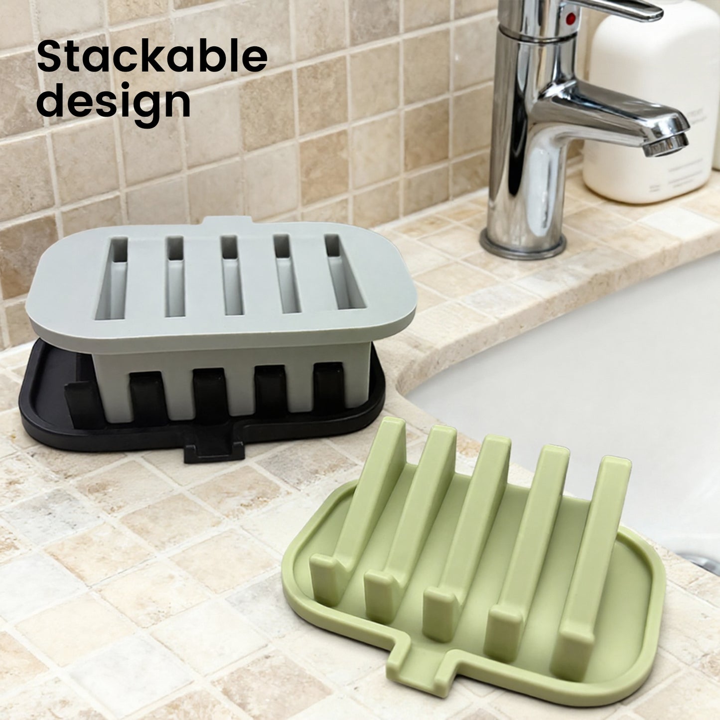 Silicone Self-Draining Soap Dish – Non-Slip Soap Saver with Waterfall Drain Spout for Bathroom & Kitchen Sink