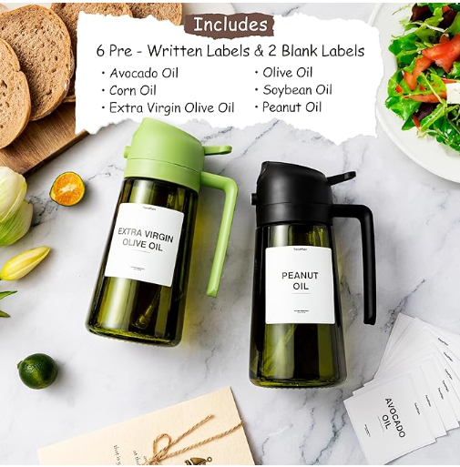 Glass Olive Oil Sprayer Bottle 16oz – 2-in-1 Mist & Pour Dispenser for Cooking, Air Fryer, BBQ & Salads | Black